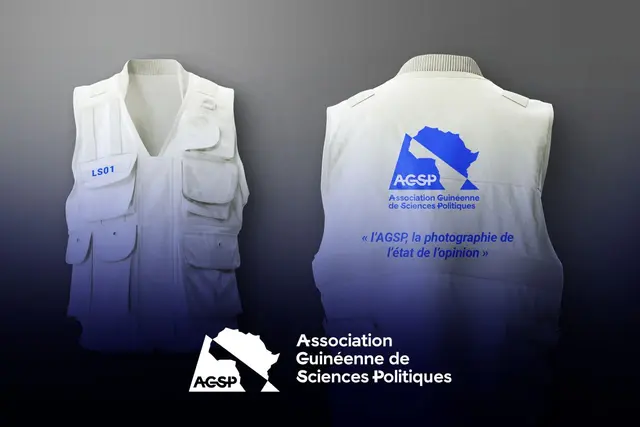 Gilet d'enquêteur de l'AGSP portant le logo et la devise « l'AGSP, la photographie de l'état de l'opinion »
